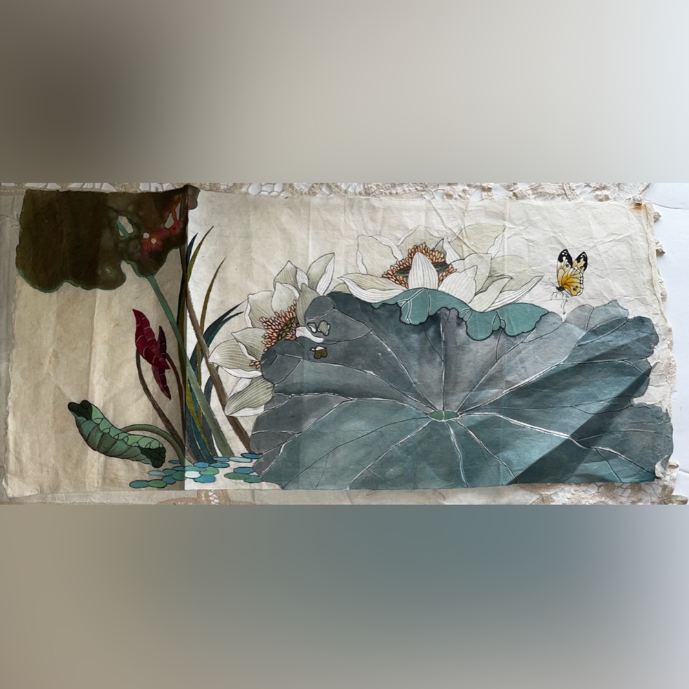 Vintage Watercolor Butterfly and Green White Lotus
